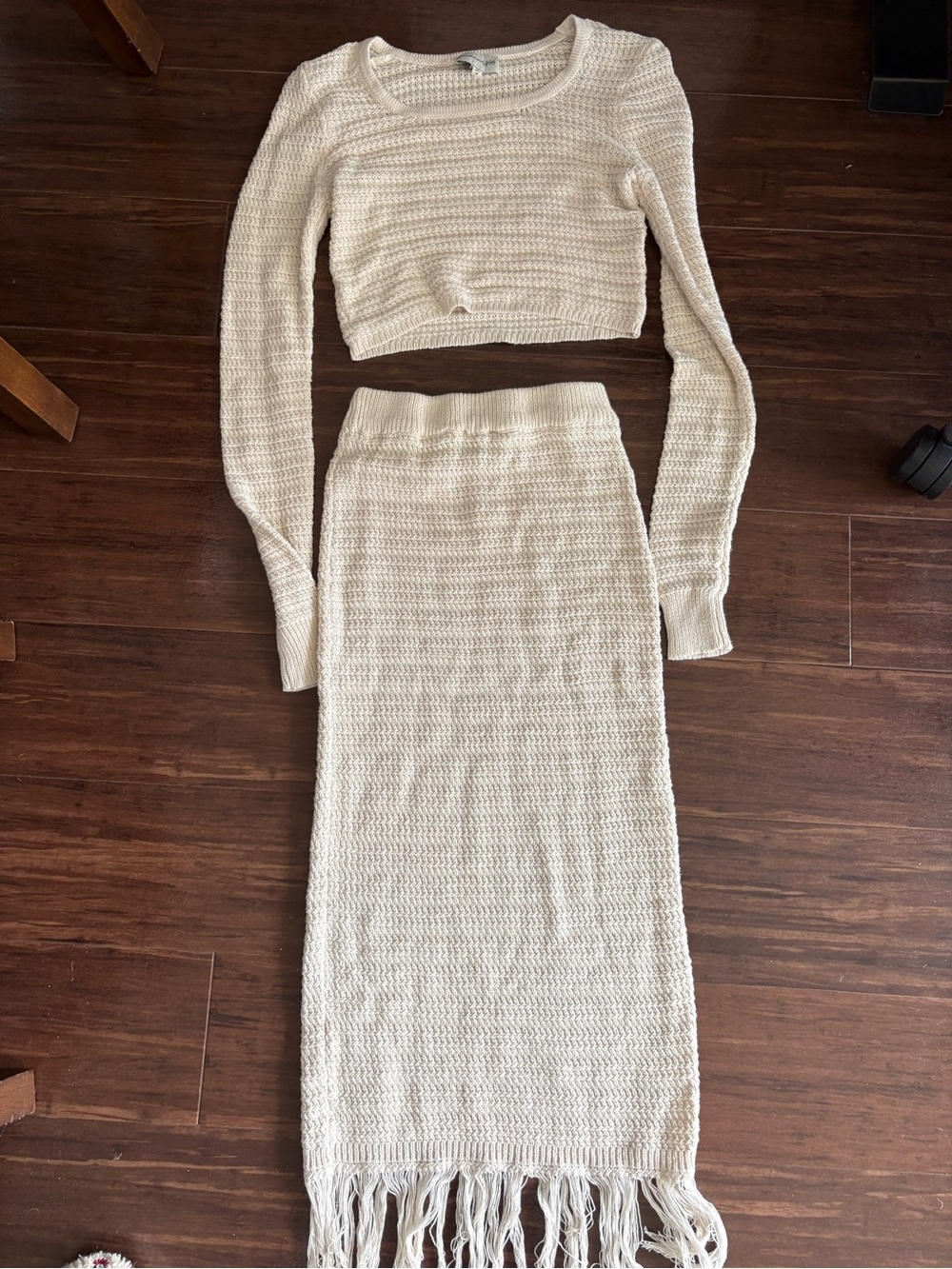 Cream Knit Fringe-Hem Two-Piece Skirt Set — Women